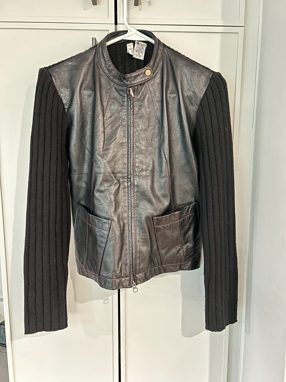 Vintage Twiggy London Black Leather Bomber Jacket Wool Knit Sleeves Women's S